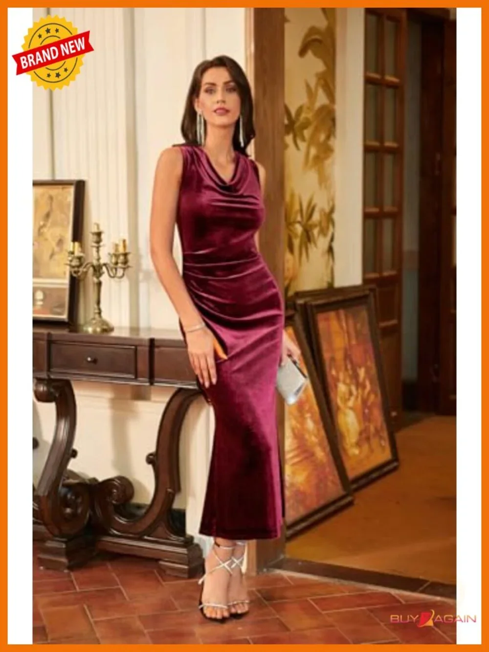 GRACE KARIN Velvet Cowl Neck Mermaid Maxi Dress Sleeveless Formal Wedding Guest